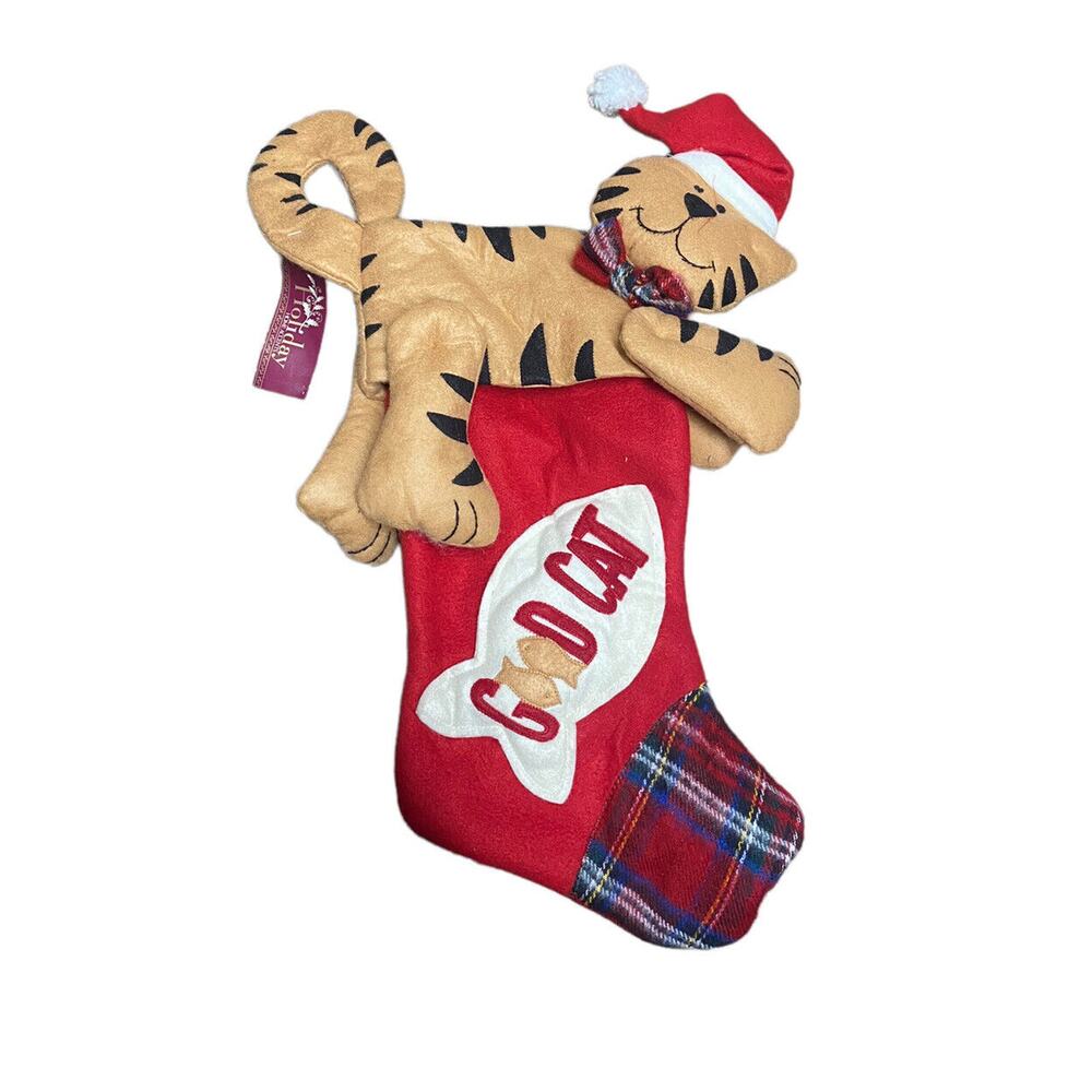 Kitty Cat 3D Christmas Stocking Red Plaid Felted Wool Fleece Good Cat Fish New
